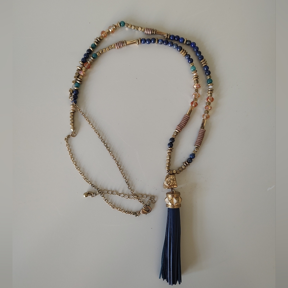 Beaded Tassel And Nugget Necklace Gold And Blue Tone Adjustable Length